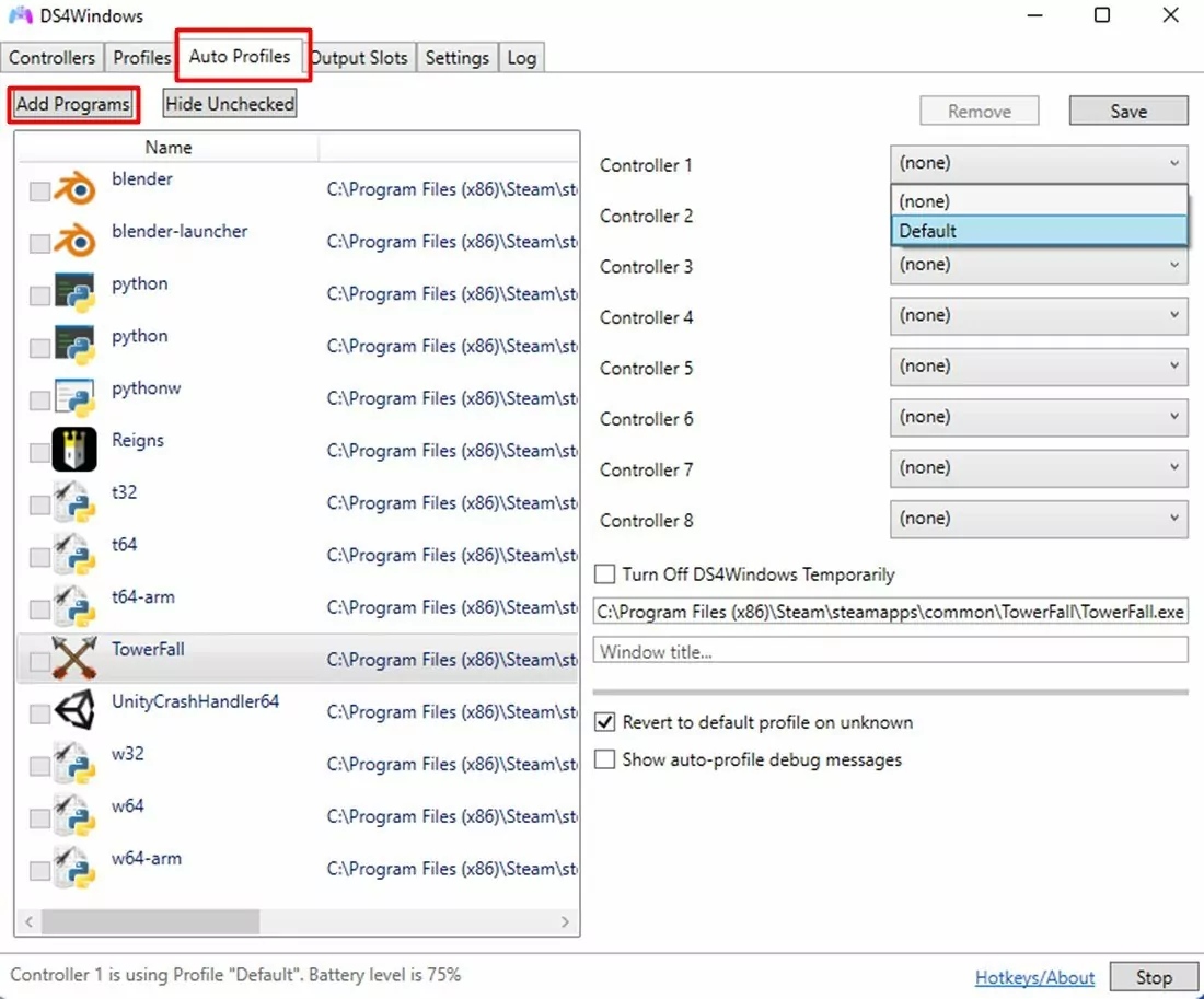 Auto Profiles do DS4Windows