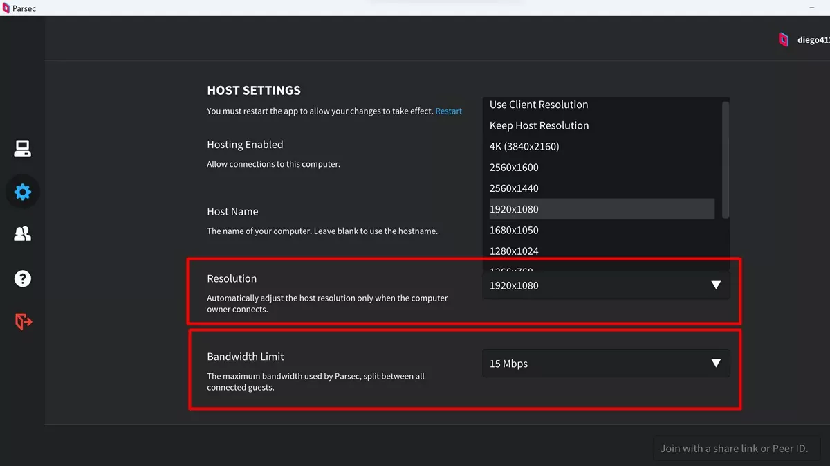 Configurações de resolução Parsec