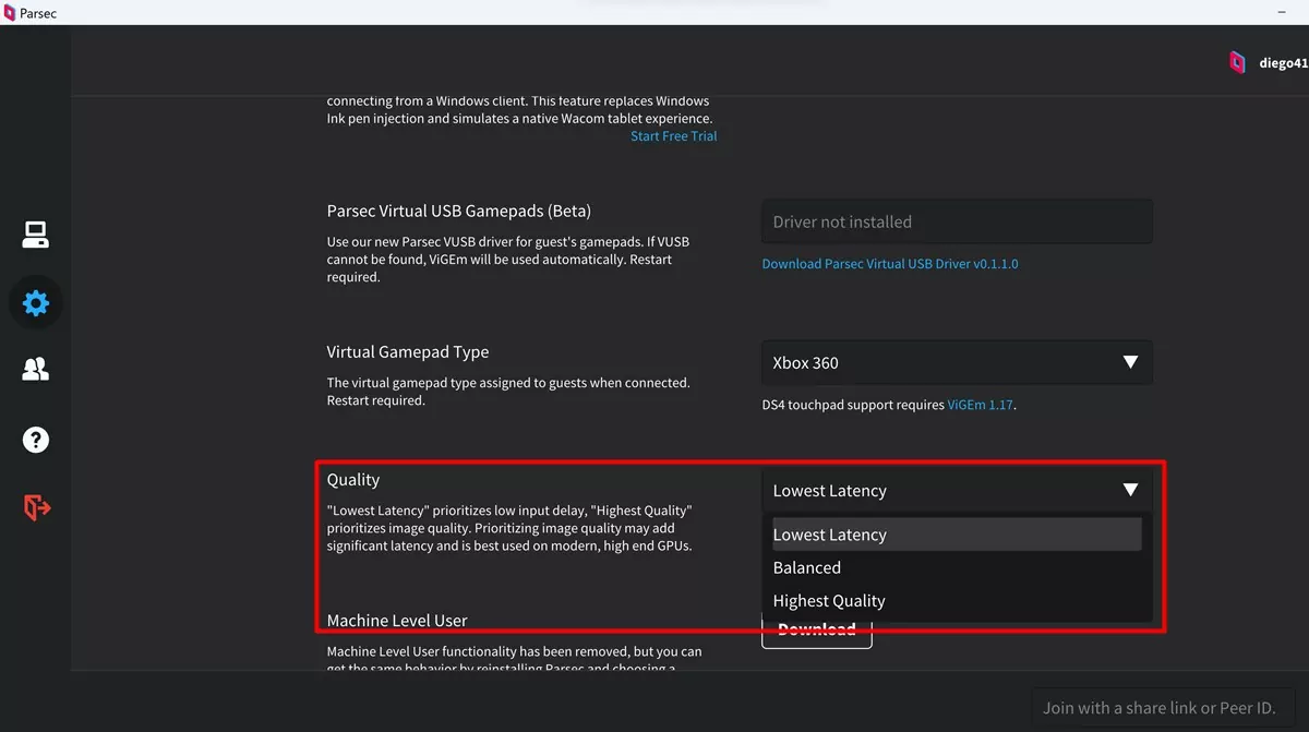 Configurações de qualidade no Parsec