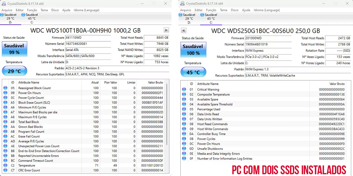 Dois SSDS na leitura do CrystalDisk