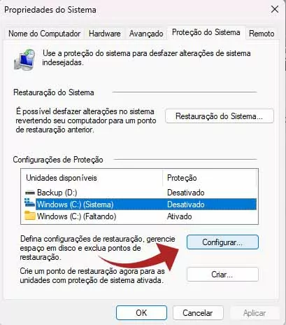 Configuração ponto de restauração