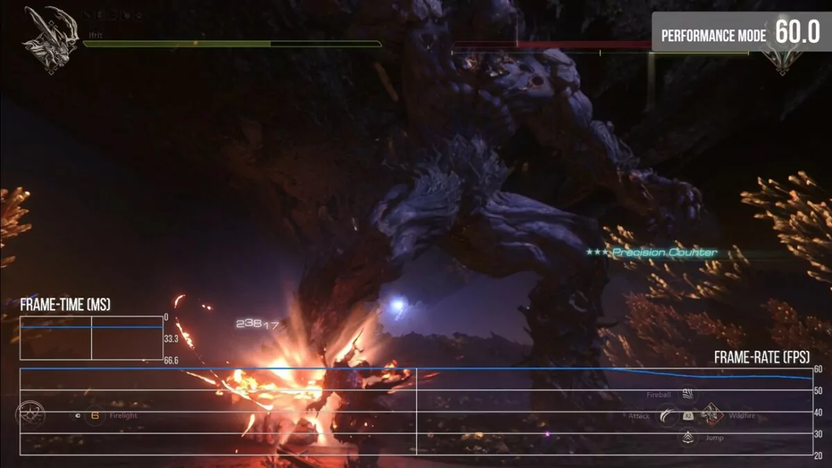 Final Fantasy XVI performance em combate modo performance