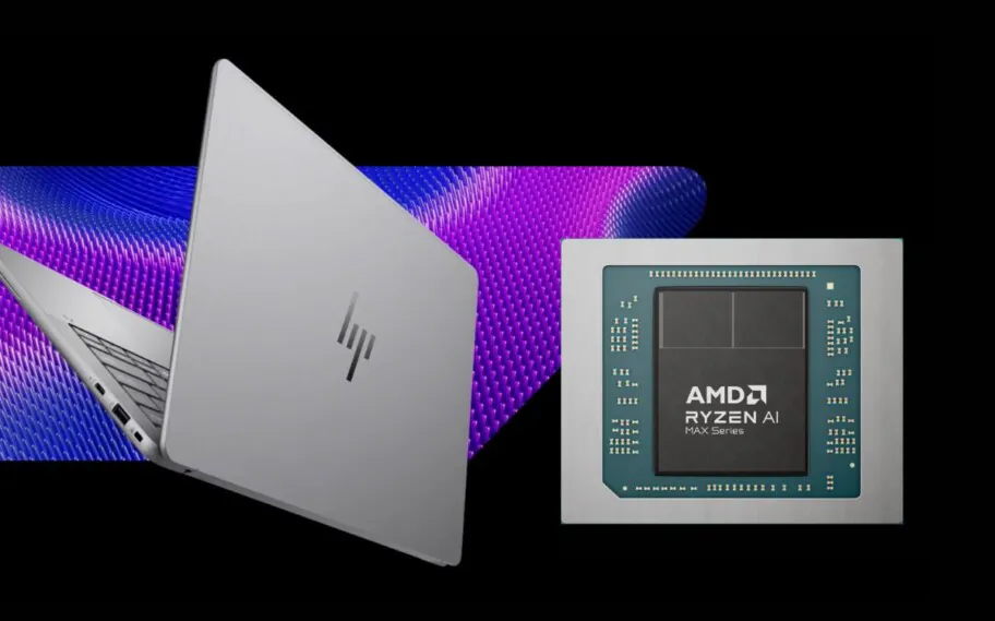 Notebook HP ao lado de processador Ryzen AI Max