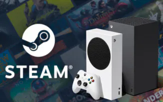 Consoles Xbox Series X e S em frente a fundo da Steam