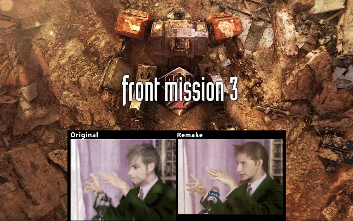Imagem de divulgação de Front Mission 3 Remake com comparativo por cima