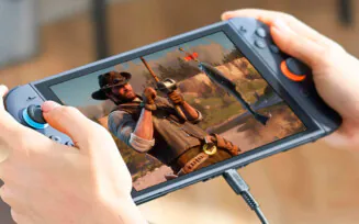 Switch 2 com imagem de Red Dead Redemption 2 por cima