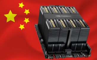 Bandeira da China com rack de GPUs NVIDIA na frente