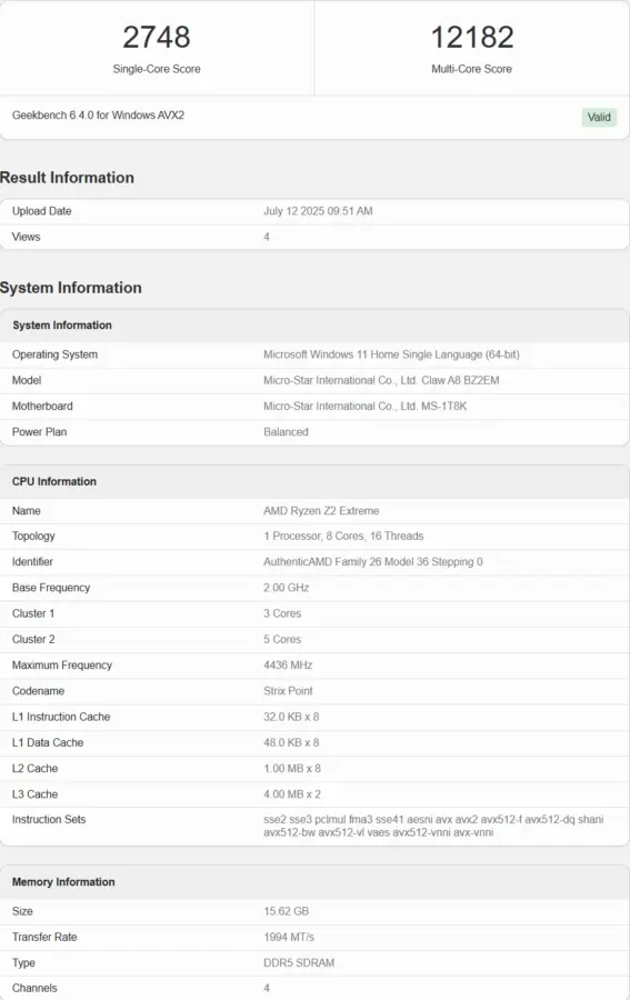 Capture of possible results from Ryzen Z2 Extreme in Geekbench