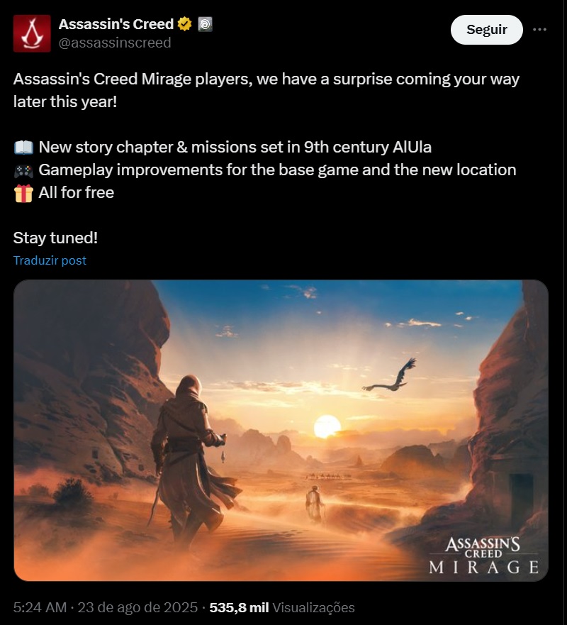 Post da Ubisoft sobre conteúdo para AC Mirage