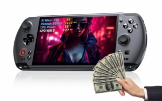 Imagem do GPD Win 5 com dinheiro ao lado