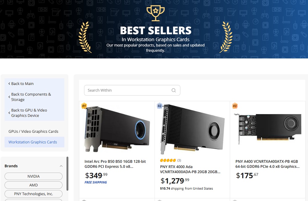 Captura do site Newegg com GPUs de workstation mais vendidas