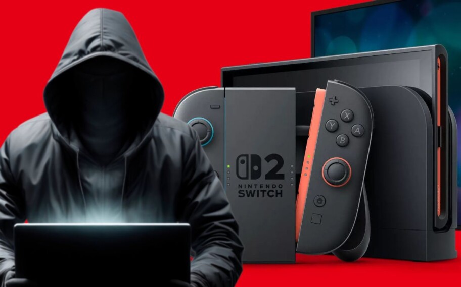 Imagem do Switch 2 com "hacker" do lado