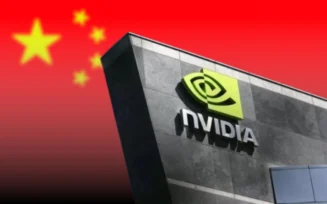 Imagem da fachada da NVIDIA com bandeira da China no fundo