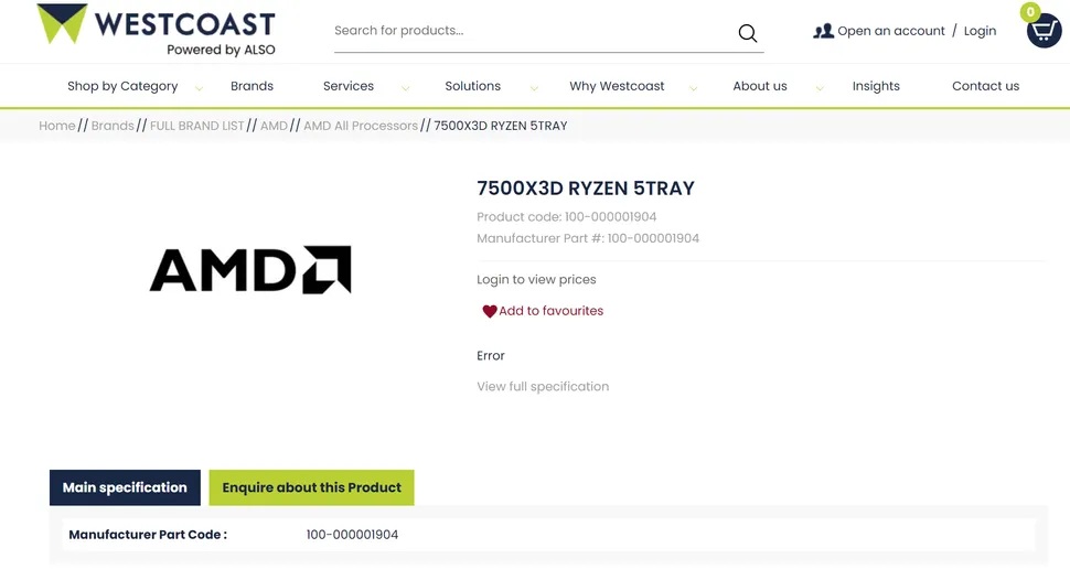 Captura de loja com Ryzen 5 7500X3D listado