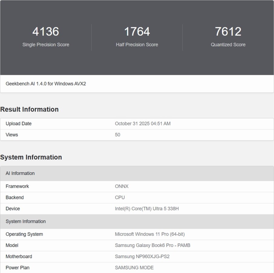 Captura de vazamento do Galaxy Book6 Pro no Geekbench
