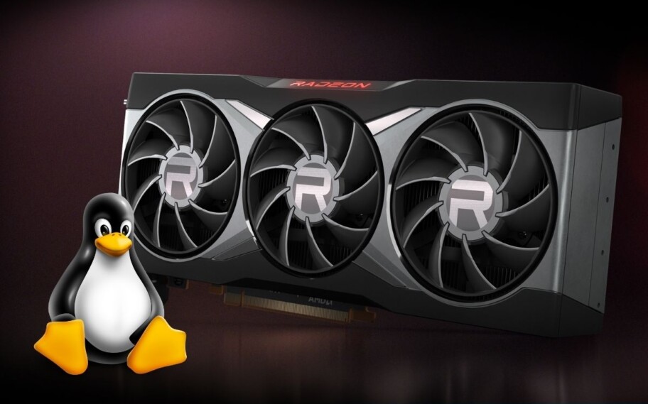 Placa Radeon RX 6000 ao lado de pinguim do Linux