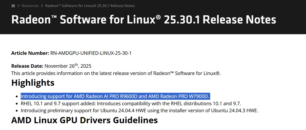 Radeon AI PRO 9600D appears supported in new driver