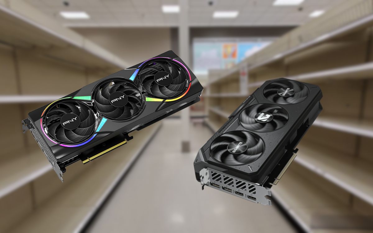 GPUs num corredor de prateleiras vazias