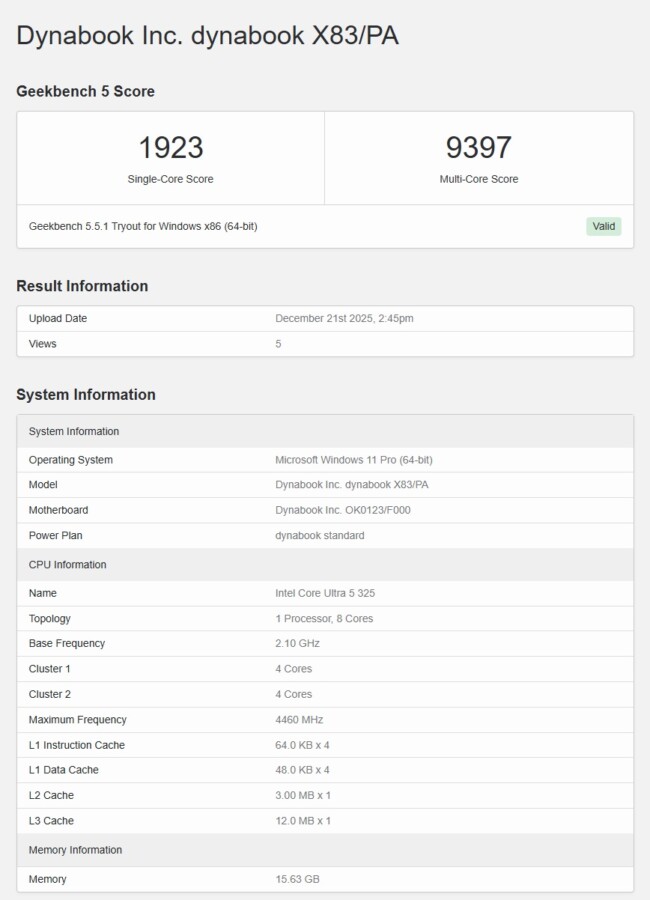 Captura do Core Ultra 5 325 no Geekbench