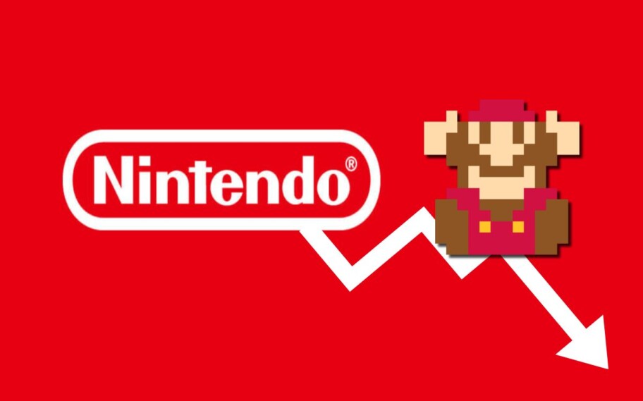 Logo da Nintendo em queda ao lado do Mario