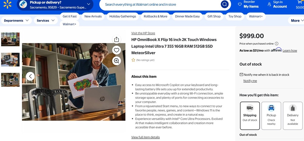 Captura do Walmart com preço de notebook HP com intel Core Ultra 7 355