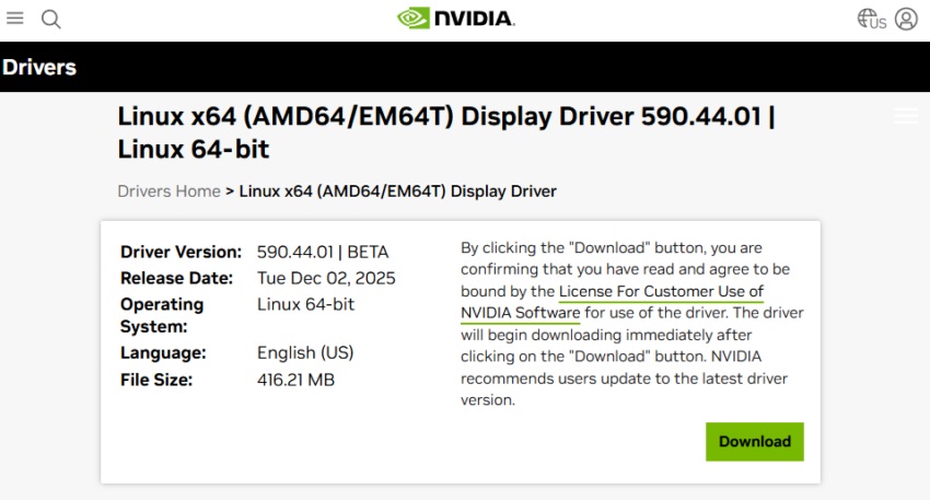 Captura do driver da NVIDIA para Linux