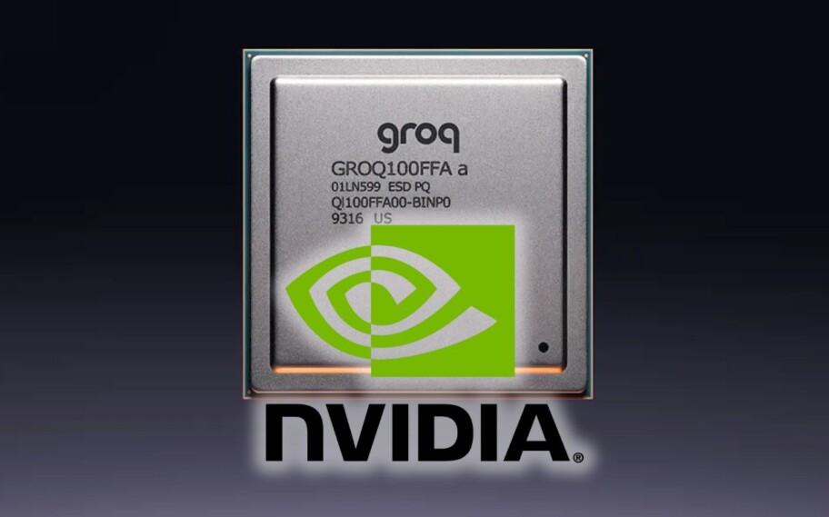 Imagem de chip Groq com logo da NVIDIA por cima