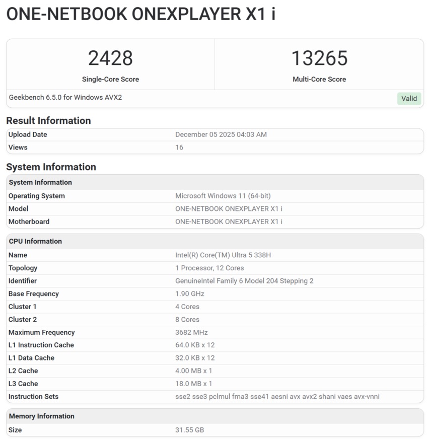 Captura de benchmark do OneXPlayer X1 com Core Ultra 5 338H