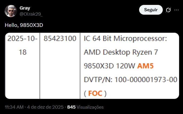 Captura de post revelando TDP do Ryzen 7 9850X3D
