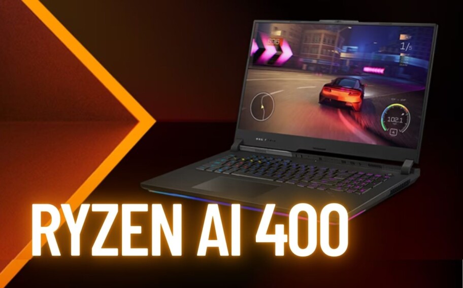 Imagem de notebook AMD com Ryzen AI 400 escrito