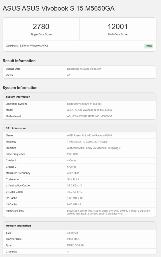 Captura do Ryzen AI 9 465 no Geekbench