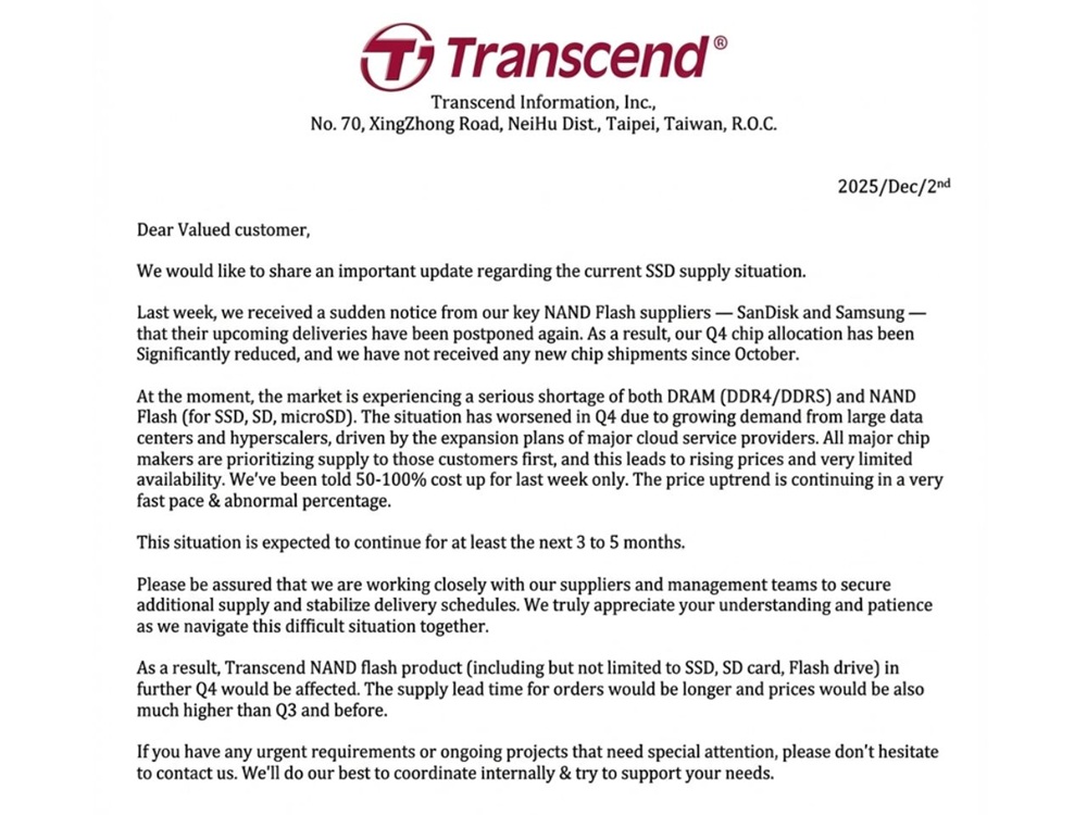 Transcend statement on lack of NAND memories