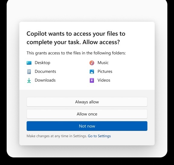 Tela de permissão para agentes de IA acessarem arquivos do Windows 11