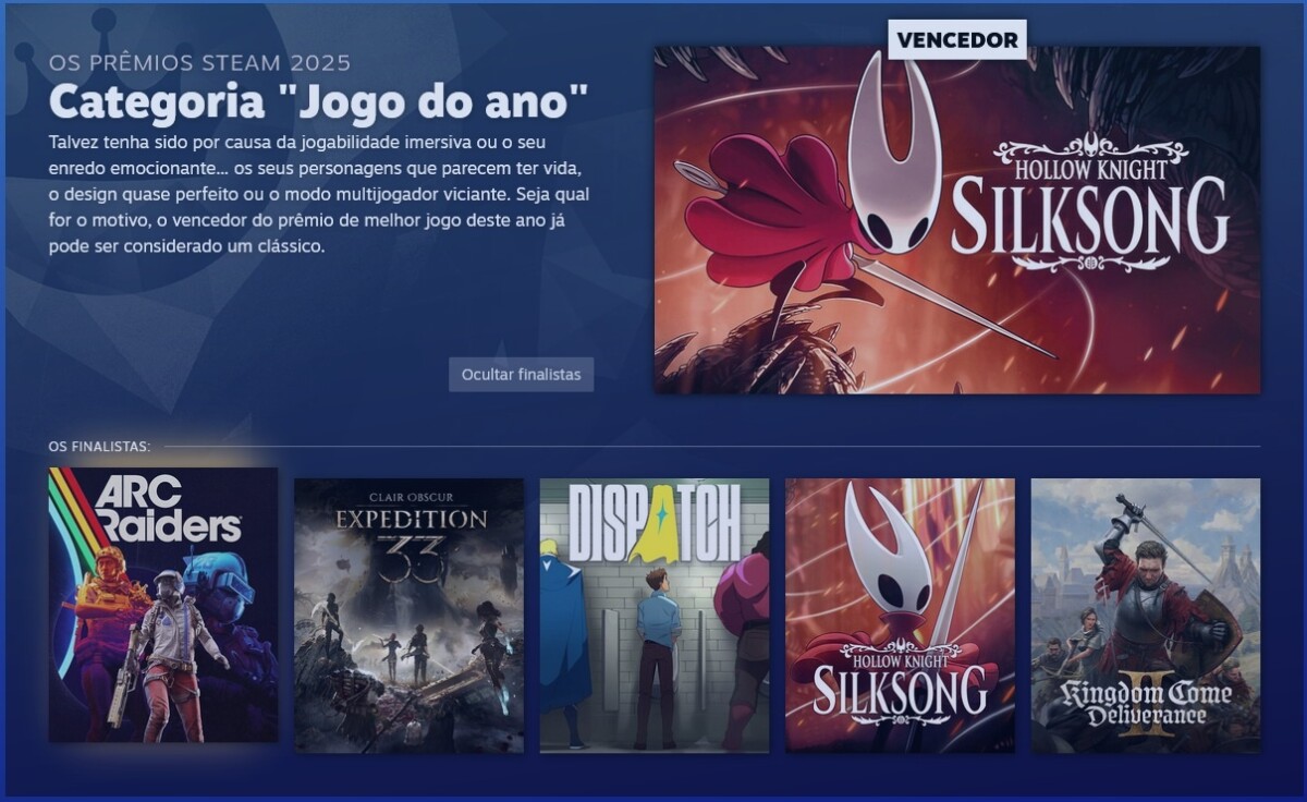 Silksong é o Jogo do Ano! Confira todos so vencedores dos Prêmios Steam 2025