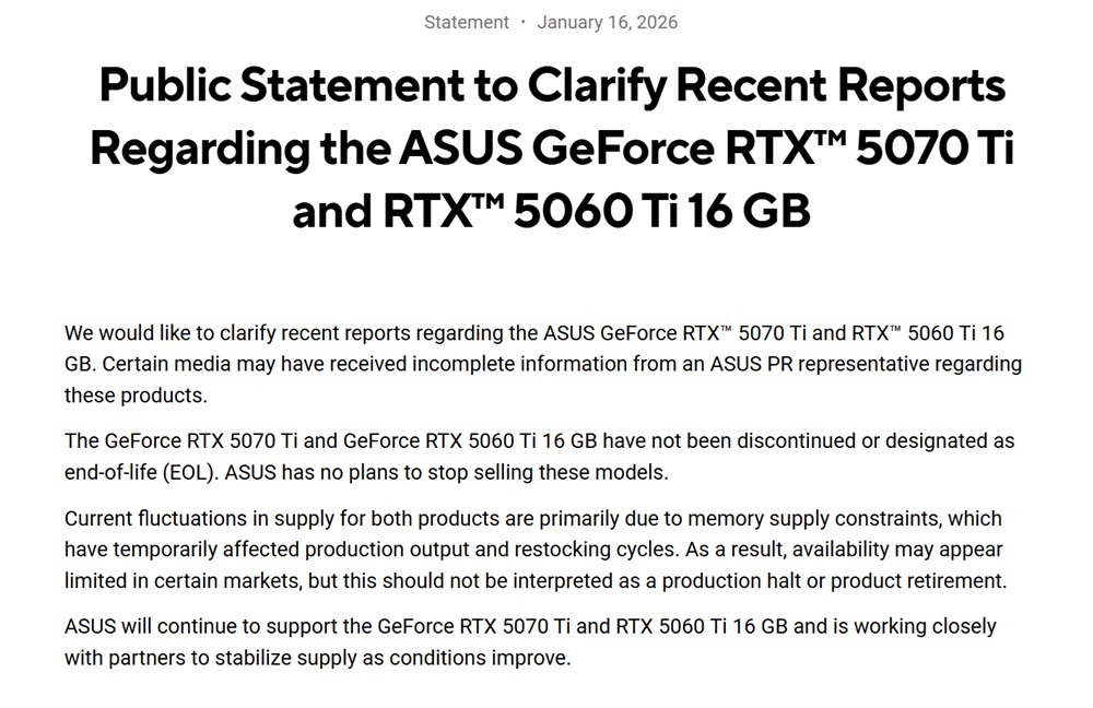 Captura de declaração oficial da ASUS