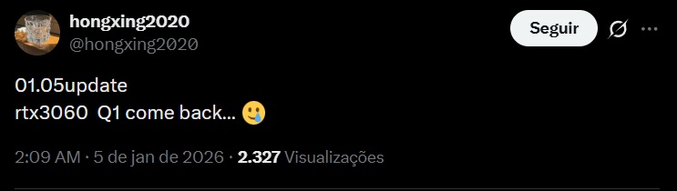 Captura de post falando do retorno da 3060