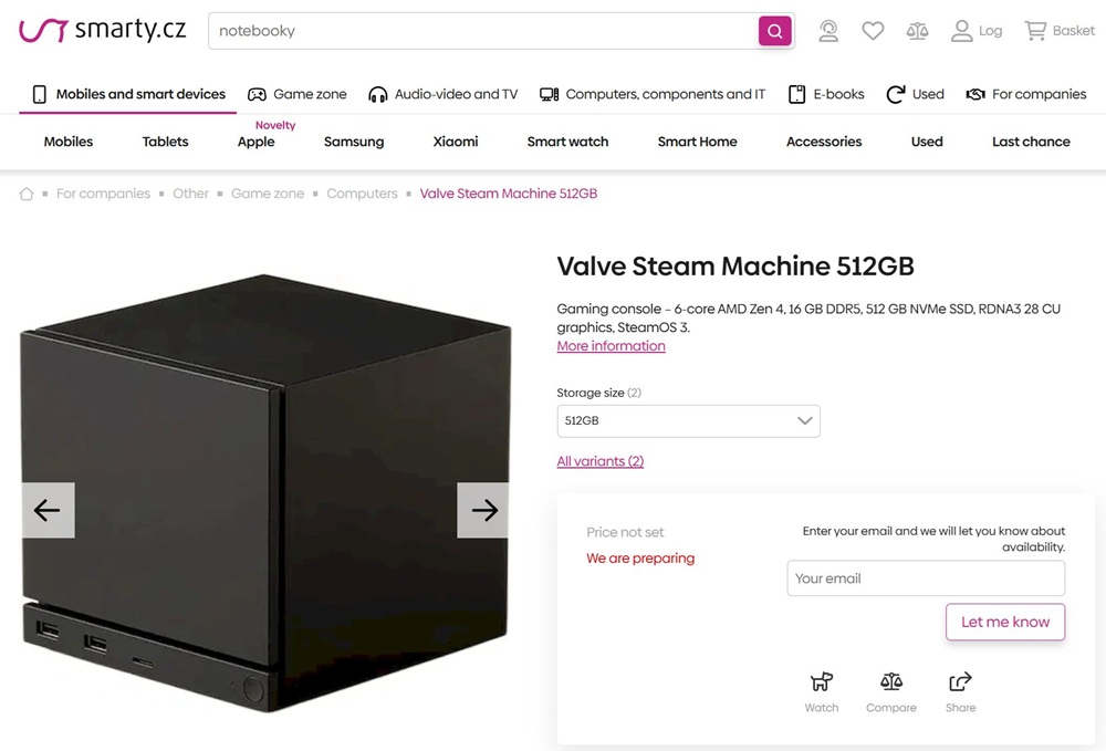Captura da Steam Machine listada em loja da Europa