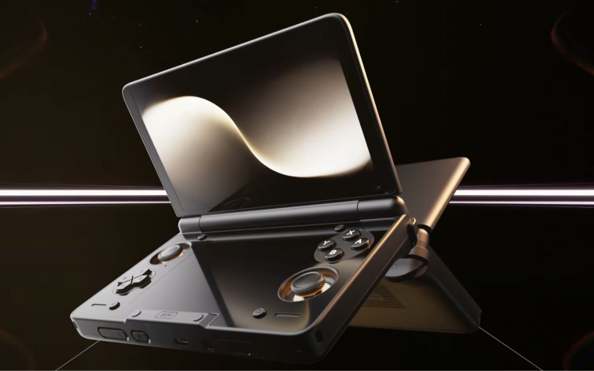 Imagem do portátil Ayn Thor com duas telas, estilo Nintendo 3DS.