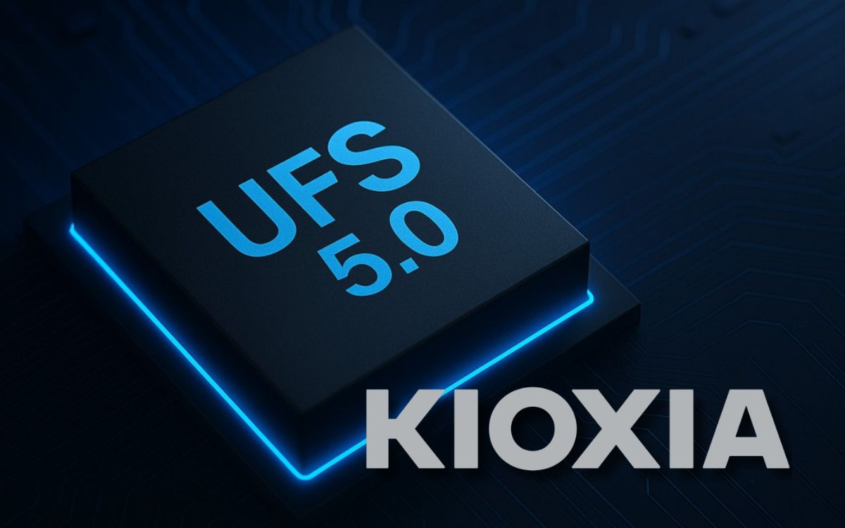Imagem de módulos de memória Kioxia UFS 5.0 com destaque para seu design compacto e especificações avançadas.