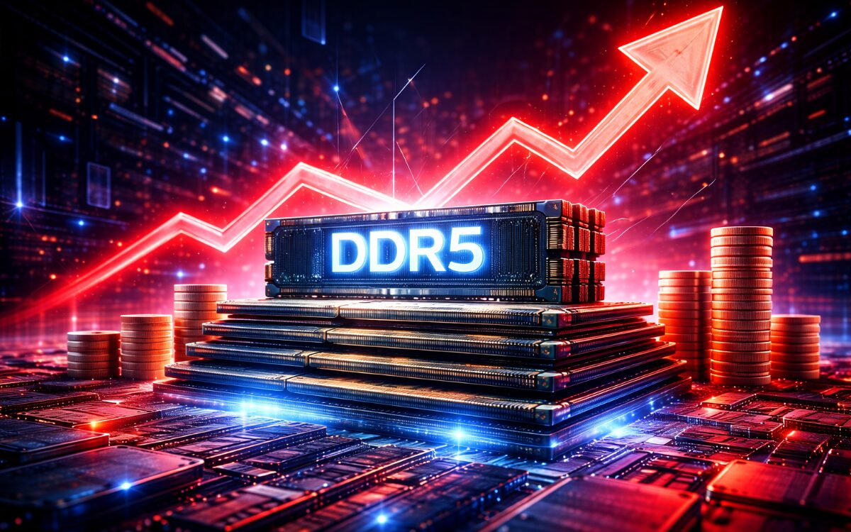 Imagem ilustrativa sobre aumento de preços de memória DRAM pela Samsung com gráficos e dados financeiros.